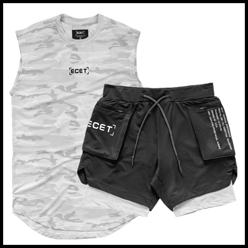 Mens Fitness Set Mesh Vest Double Layer Shorts Breathable