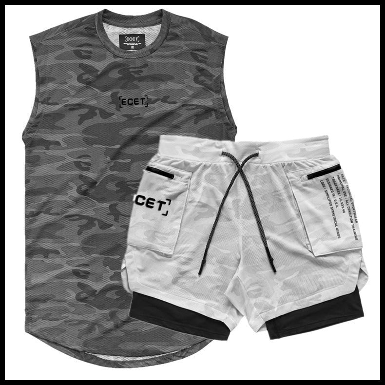 Mens Fitness Set Mesh Vest Double Layer Shorts Breathable