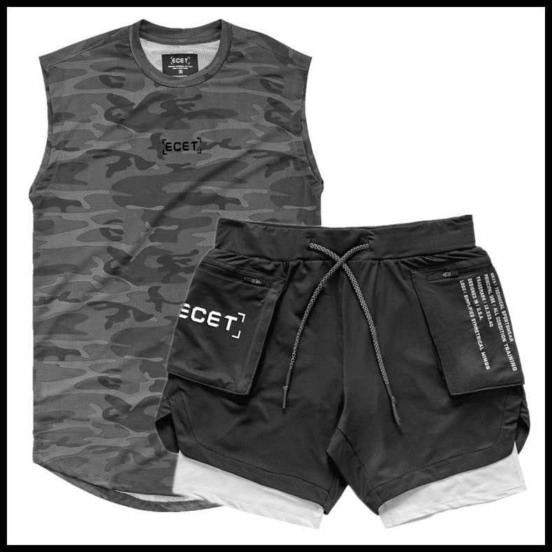 Mens Fitness Set Mesh Vest Double Layer Shorts Breathable