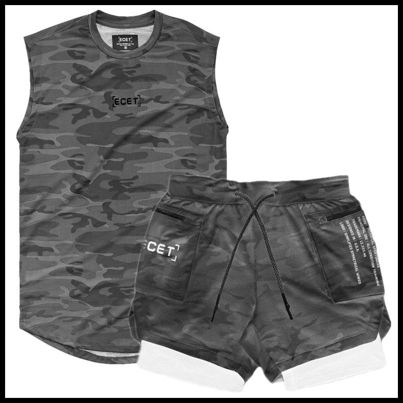 Mens Fitness Set Mesh Vest Double Layer Shorts Breathable