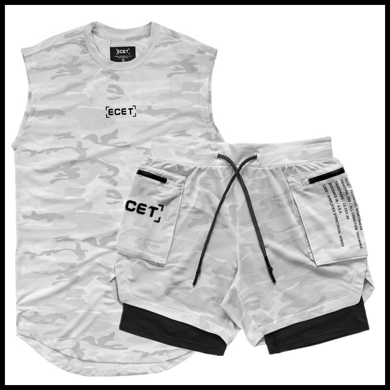 Mens Fitness Set Mesh Vest Double Layer Shorts Breathable