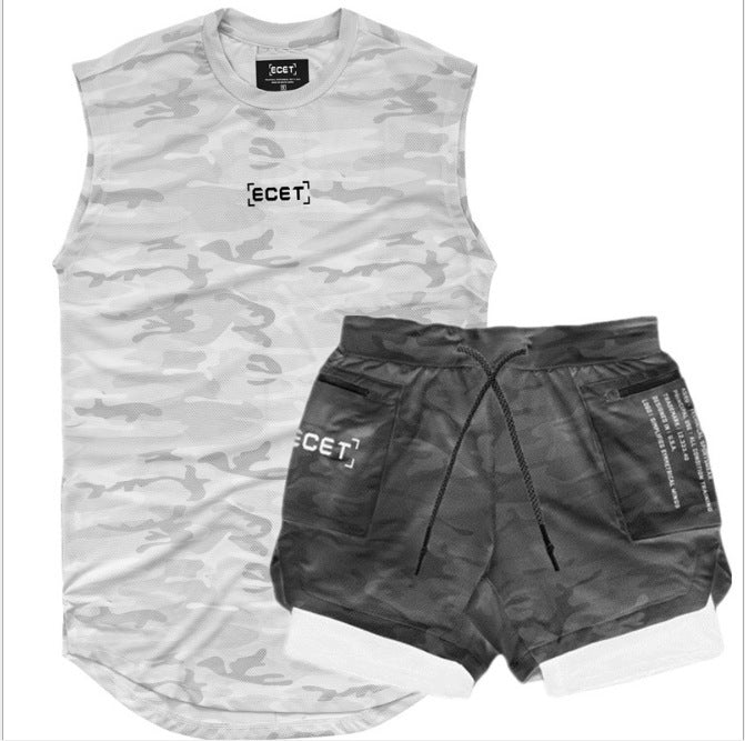 Mens Fitness Set Mesh Vest Double Layer Shorts Breathable