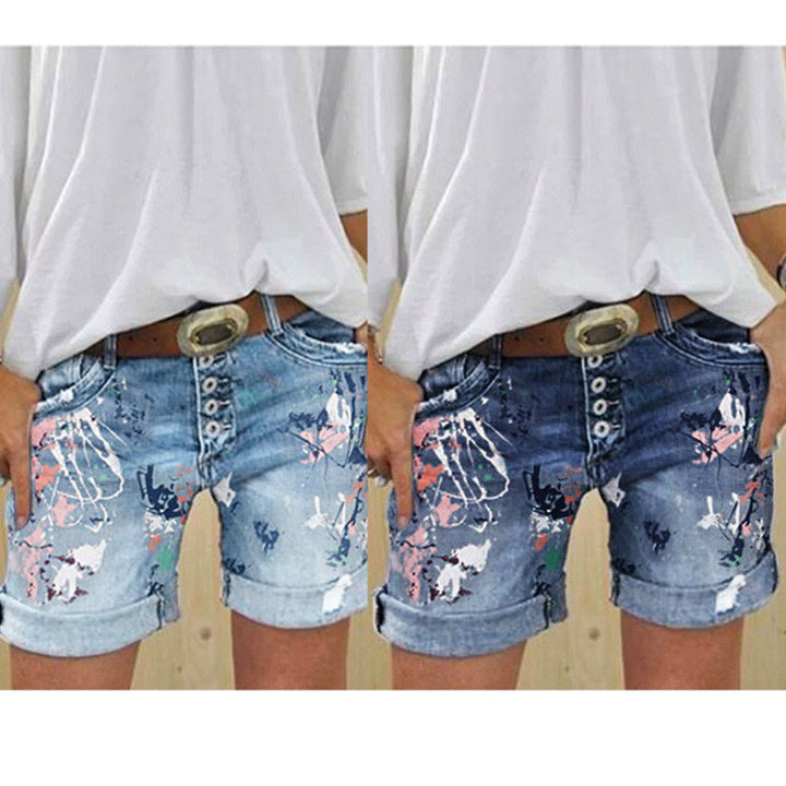 Women's High-Waist Printed Elastic Denim Shorts with Button Closure