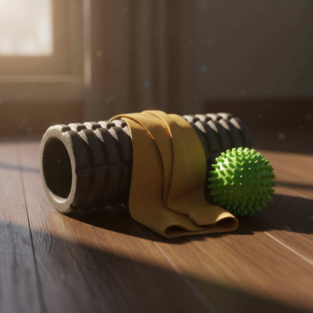 Foam roller, yellow towel, and green ball on a wooden floor