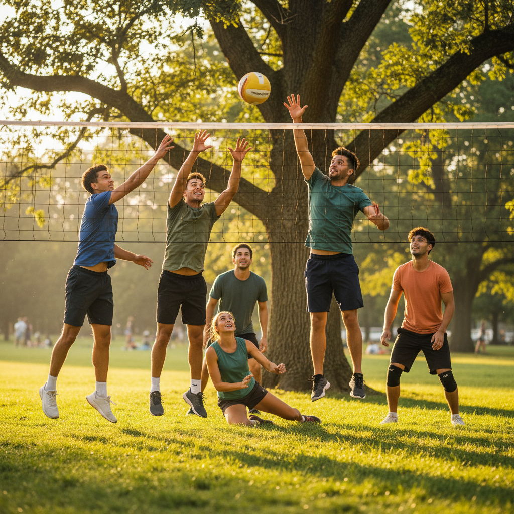 Group of people playing volleyball in a park with trees and grass.