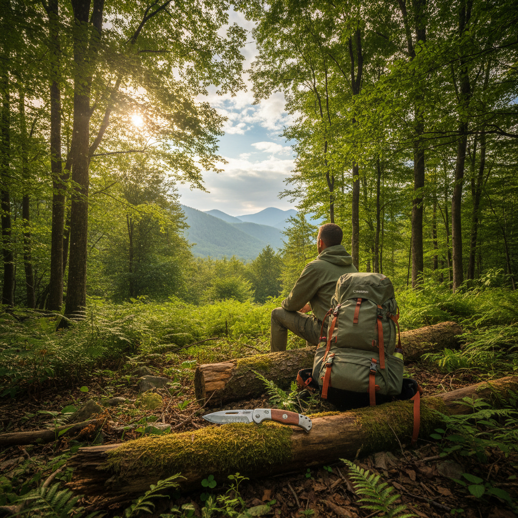 Person with a backpack sitting on a log in a forest with mountains in the background