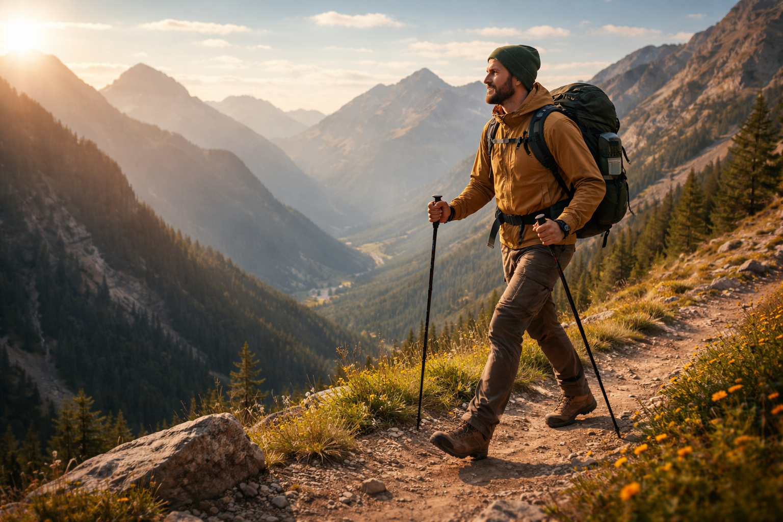 Hiker on a mountain trail with backpack and hiking poles, surrounded by mountains and trees.