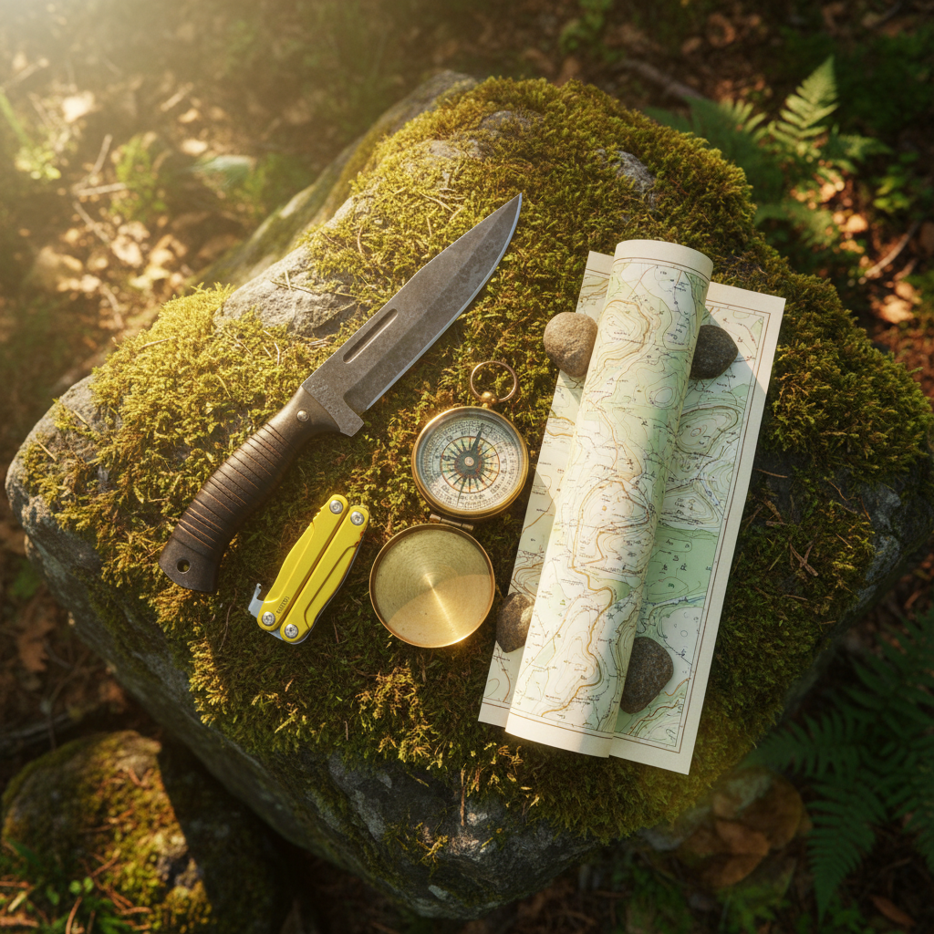 Knife, compass, and rolled map on a mossy rock in a forest setting