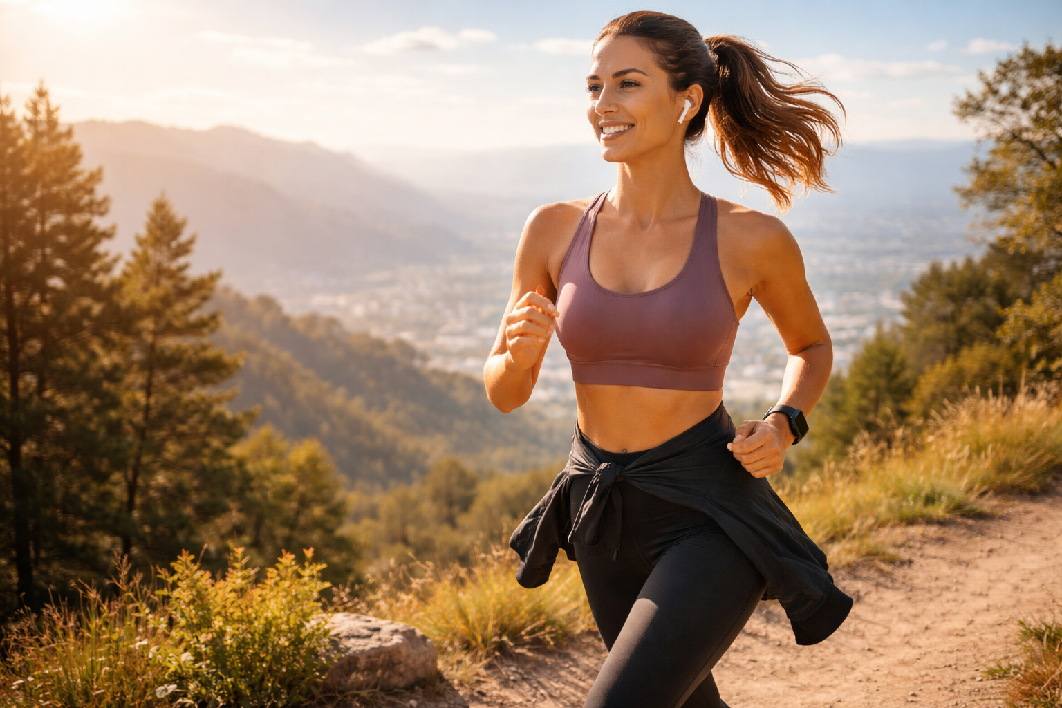 Woman running on a trail with mountains and trees in the background