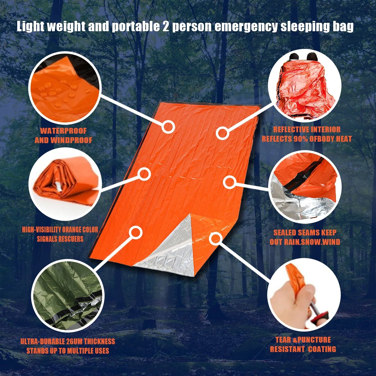 Portable Waterproof Emergency Sleeping Bag Thermal Mylar Survival Sack