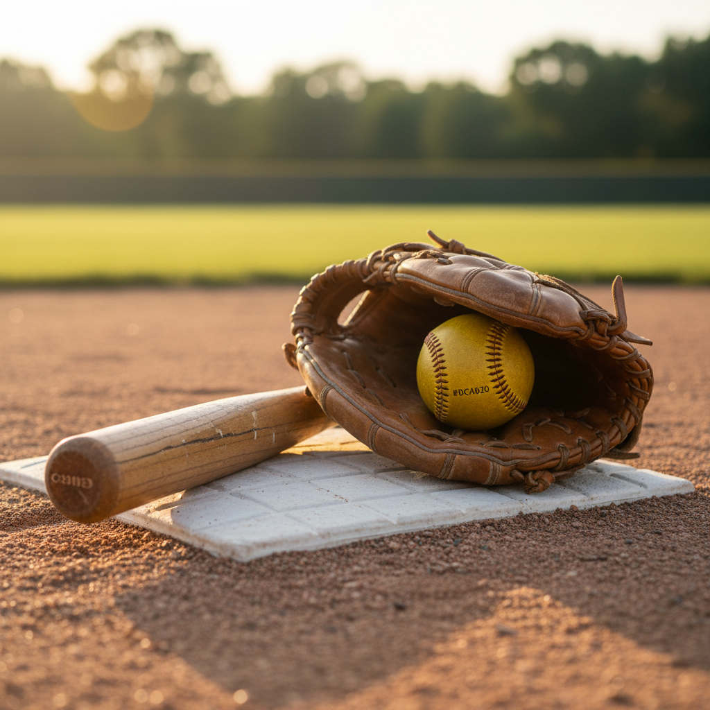 Baseball glove with a softball and bat on a baseball base with a field background