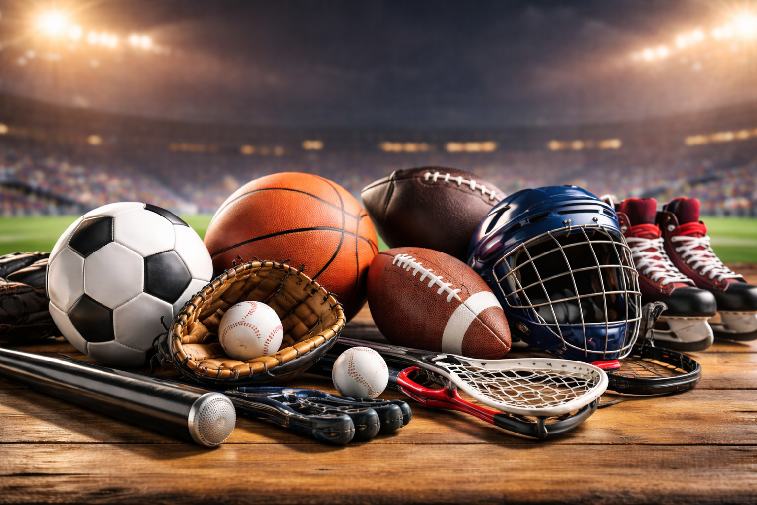 Collection of sports equipment including a soccer ball, basketball, football, baseballs, and sports shoes on a wooden surface with a stadium background.