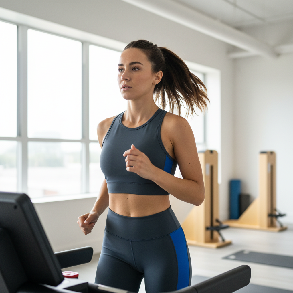 Woman running on a treadmill in a gym setting