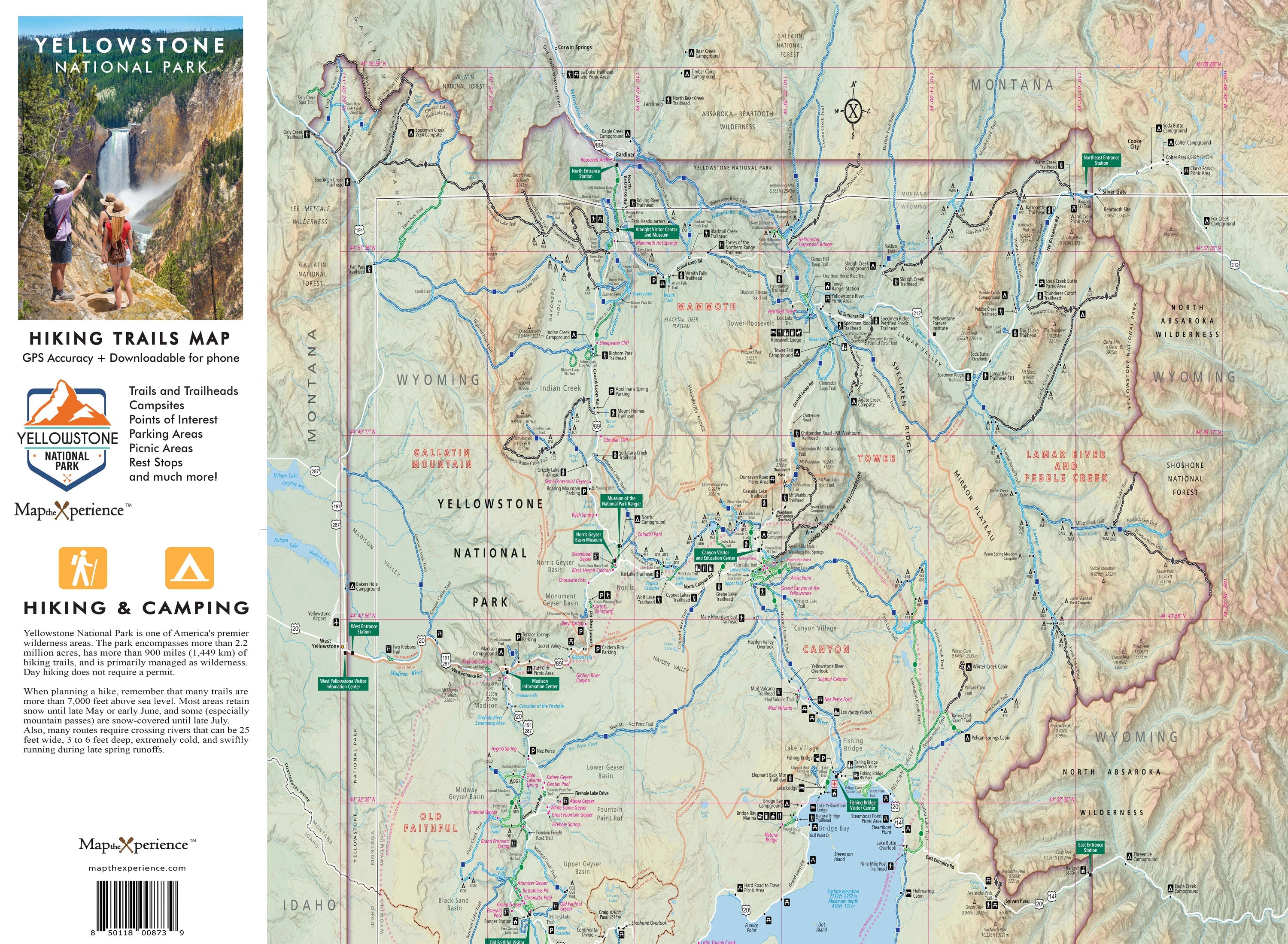 Yellowstone Hiking Trails GPS Map Paper Mobile Adventure Guide
