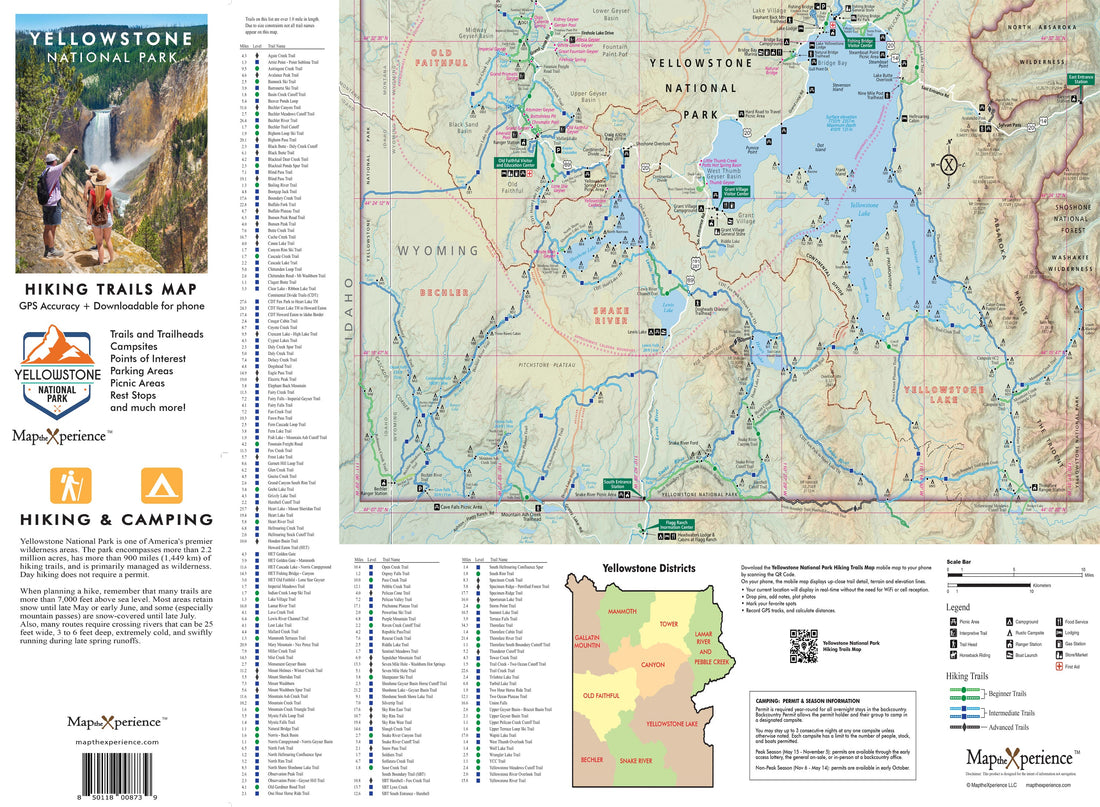 Yellowstone Hiking Trails GPS Map Paper Mobile Adventure Guide