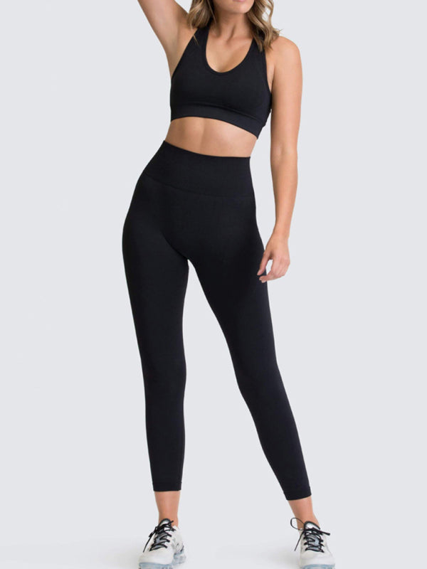 Women Seamless Knit Vest Pants Set High Waist Fitness