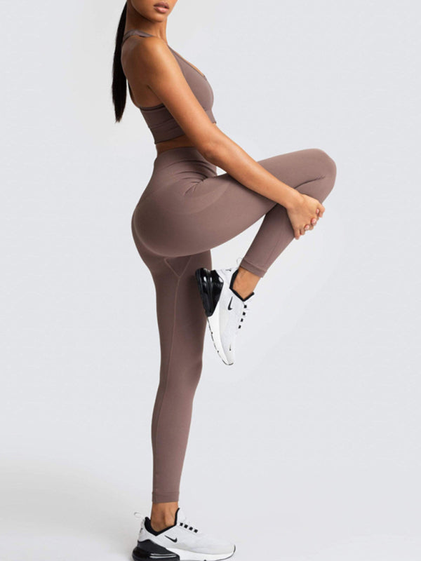 Women Seamless Knit Vest Pants Set High Waist Fitness