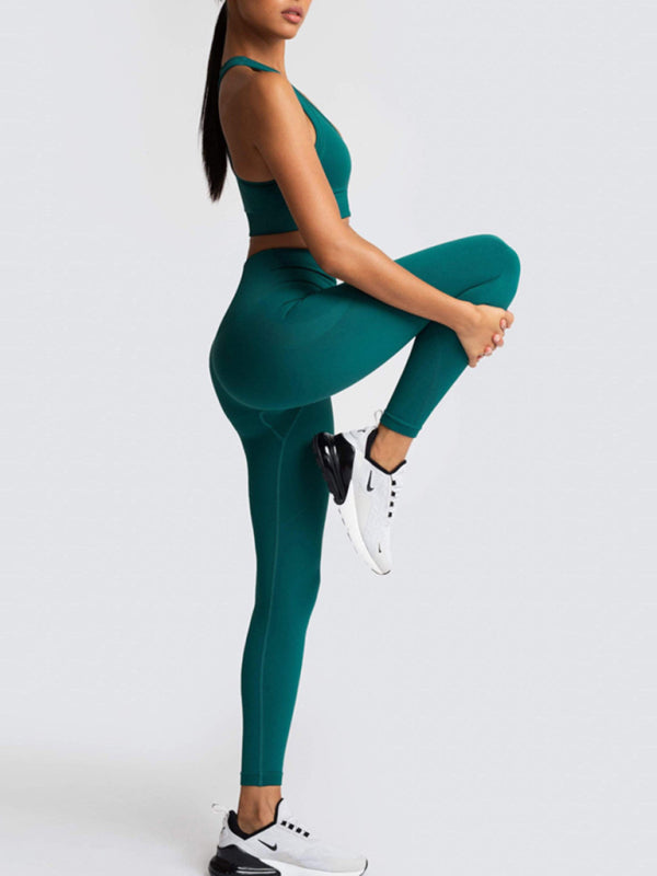 Women Seamless Knit Vest Pants Set High Waist Fitness