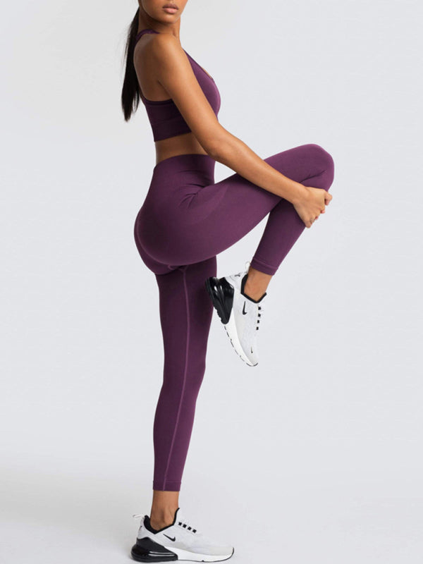 Women Seamless Knit Vest Pants Set High Waist Fitness