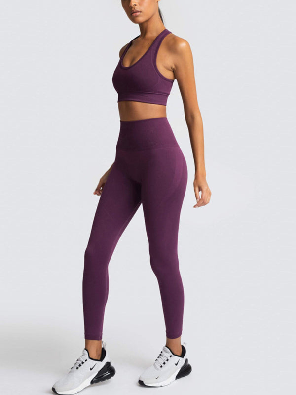 Women Seamless Knit Vest Pants Set High Waist Fitness