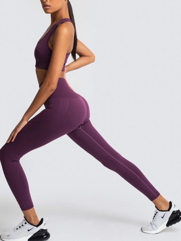 Women Seamless Knit Vest Pants Set High Waist Fitness
