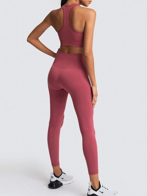 Women Seamless Knit Vest Pants Set High Waist Fitness
