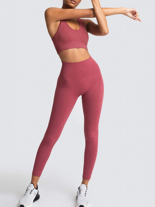 Women Seamless Knit Vest Pants Set High Waist Fitness