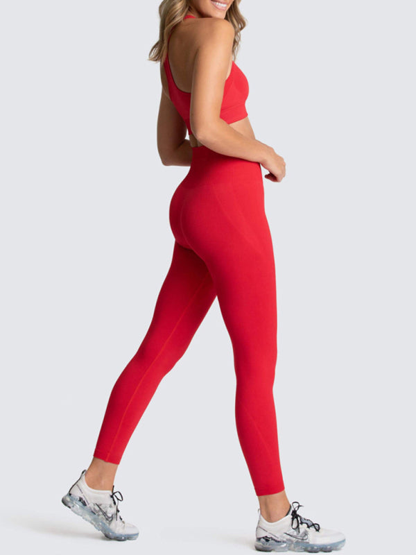 Women Seamless Knit Vest Pants Set High Waist Fitness