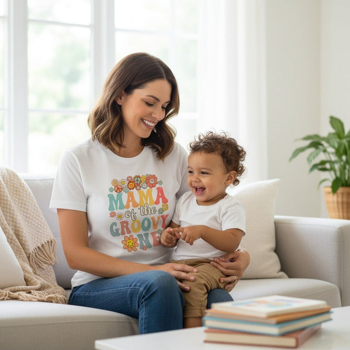 Mama Of The Groovy One T-Shirt Lightweight Cotton Women's Graphic Top Mother Apparel